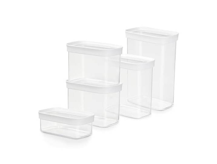 Emsa Optima 5-teiliges Trockenvorratsdosen-Set, 0,45, 2 x 1, 1,6, 2,2 Liter, rechteckig, 100 Prozent sicher, hygienisch, platzeffizient, Frischedichtung, transparentes Design, N1142800