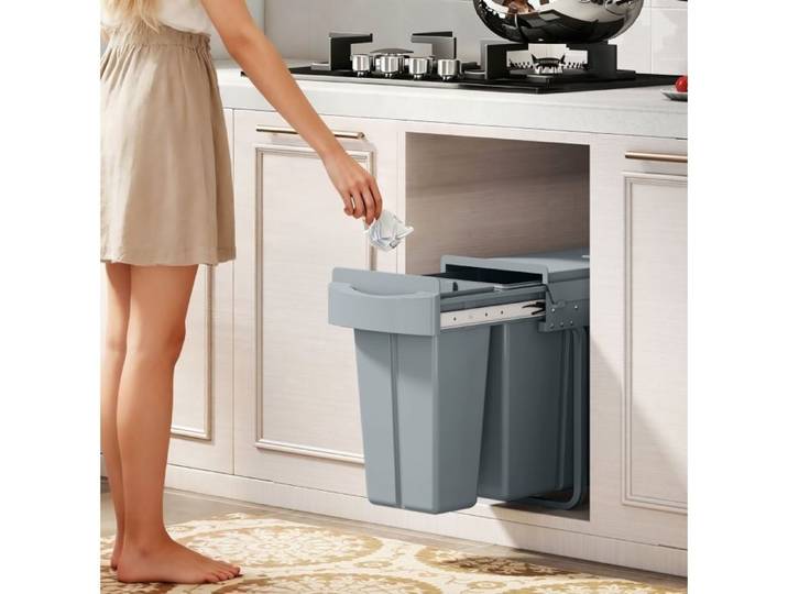 Poubelle coulissante encastrable 30 L sous meuble avec 2 bacs amovibles 20 L + 10 L métal et plastique gris