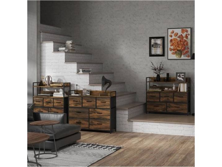Commode 7 tiroirs meuble de rangement style industriel marron structure métal plateau supérieur à monter ORVRYN