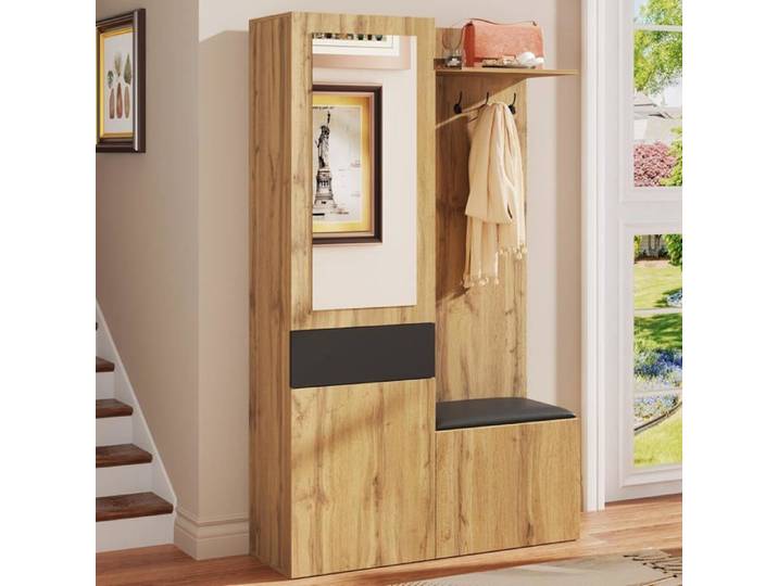 Ensemble armoire de couloir - Armoire multifonction avec miroir et armoire à chaussures - Avec 5 crochets banc tiroirs