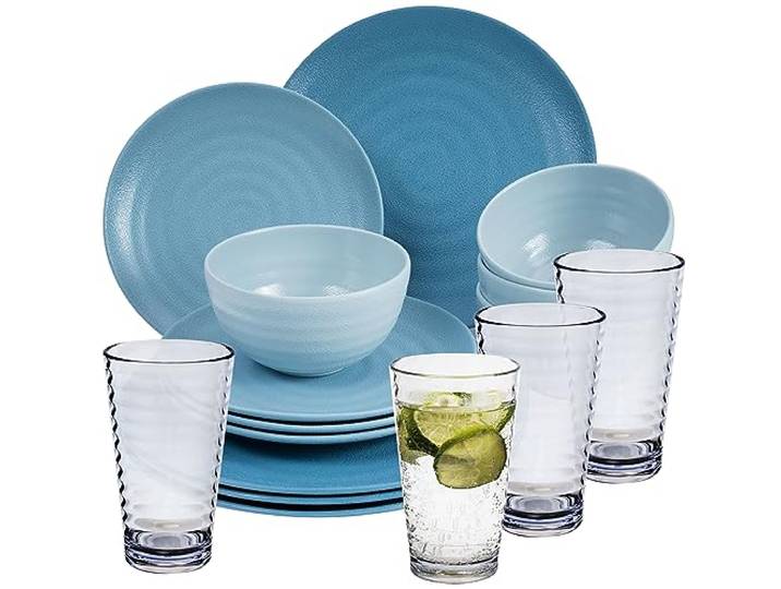 Melamin Geschirr Set 16 Teile elegante Steingut Optik blau mit 400ml klar 4