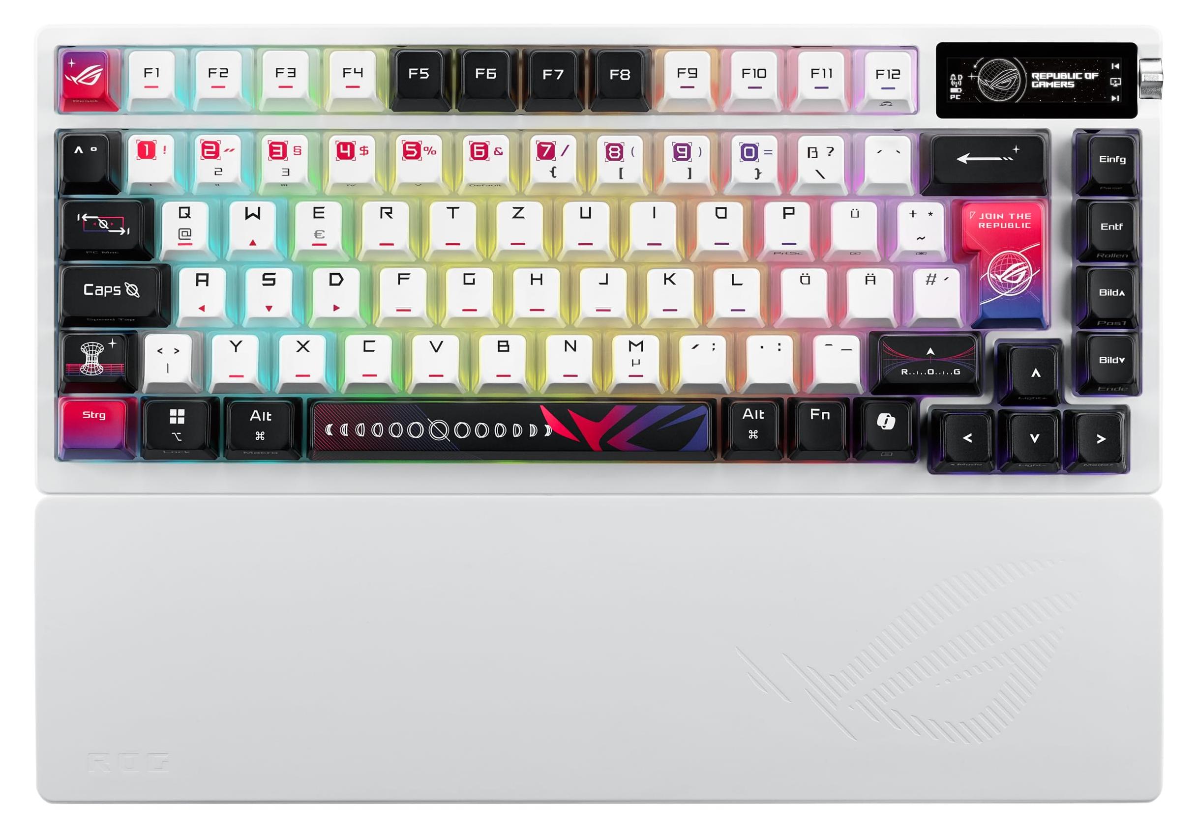 ASUS ROG Azoth X, Verkabelt & Kabellos, USB + RF Wireless + Bluetooth, Mechanischer Switch, QWERTZ, RGB-LED, Weiß