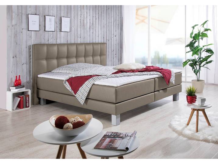 Boxspringbett, Kunstleder, Grau (Taupe), 167×208 cm, Mit Topper, Klassisch & Modern, Inosign