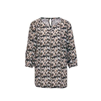 Schlupfbluse GOLDNER "Druckbluse mit raffinierter Ausschnittlösung", Damen, Gr. 38, schwarz (schwarz, weiß, beige, gemustert), Obermaterial: 100% Viskose CV., figurumspielend, weit Gummibündchen, Blusen Schlupfbluse, Fältchen an Ausschnitt