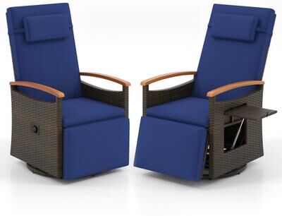 Costway Set of 2 Patio Rattan 360° Swivel Recliner Chair with Adjustable Backrest and Footrest-Navy