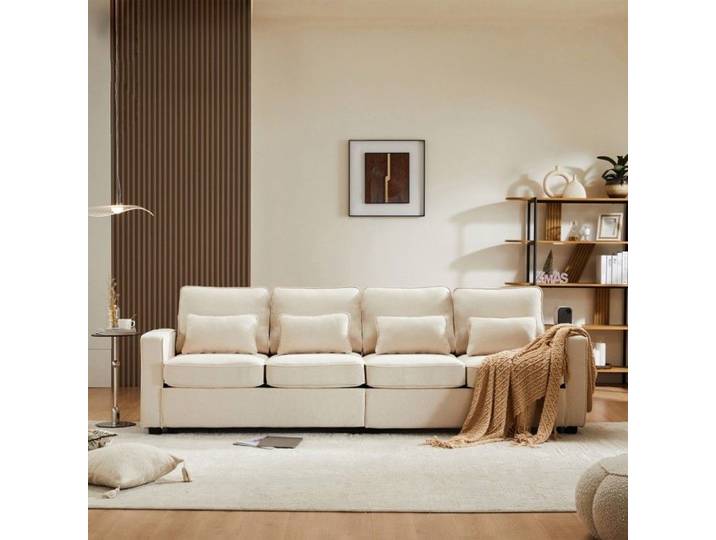 Canapé Fixe Canapé 4 places moderne en lin avec accoudoirs + 4 coussins - Salon/Appartement/Bureau-Beige