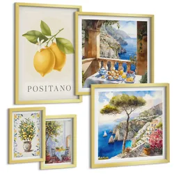 BILDER SET 5er Set - 50x50 cm & 20x30 cm & 40x60 cm Goldrahmen - Charmante Straßen mit Pflanzen