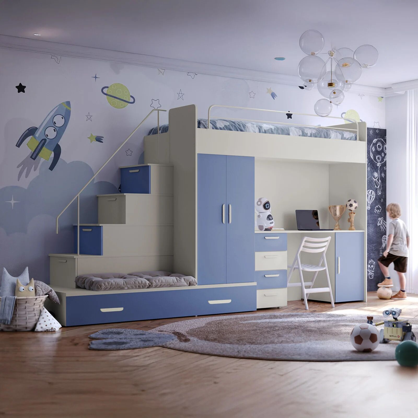 garneroarredamenti Cameretta bambini completa 2 letti singoli cashmere blu Diego Gihome®