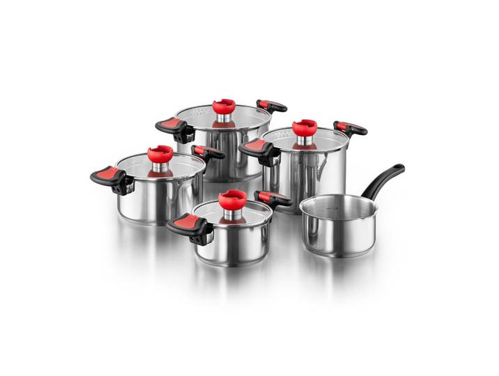 Kopf Topfset Nelo, Edelstahl, Induktion, 9-teilig, Silberfarben, Metall, Rund, wärmeisolierter Griff, Kochgeschirr, Töpfe, Topfsets