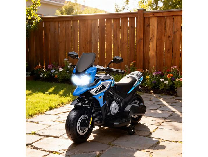 AIYAPLAY Moto Électrique Enfant Bleu avec Roulettes et Rétroviseurs