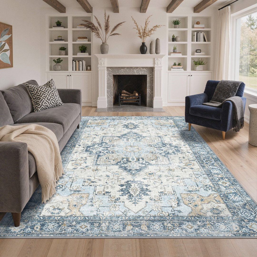 17 Stories Roehit Oriental Performance Machine Washable Blue / Beige / Cream / Ivory Area Rug Beige;Blue Rectangle 200 x 290cm