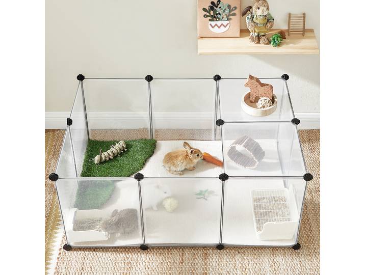 SONGMICS Kleintierkäfig, Freigehege mit Bodenplatten, 125 x 63 x 42 cm, weiß