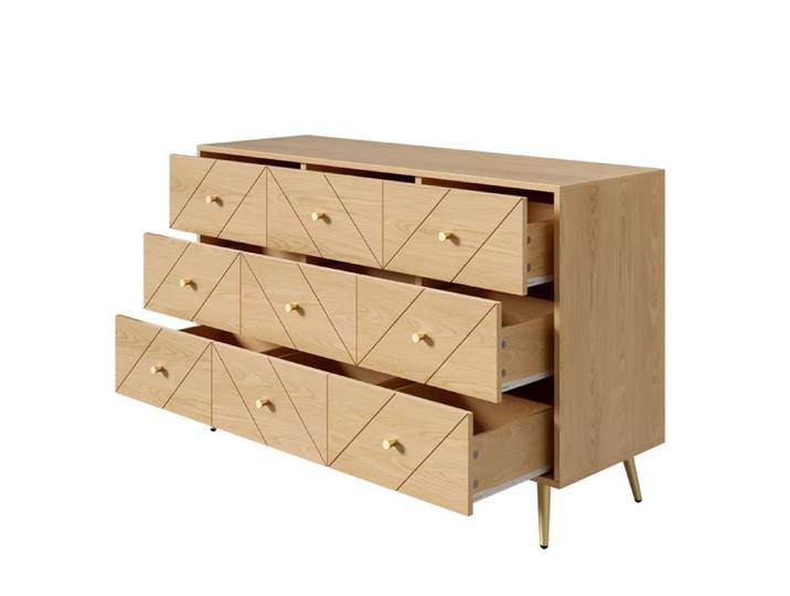 VLIVRA Commode - commode contemporaine à 9 tiroirs pieds en métal et structure solide en panneaux de particules - naturel
