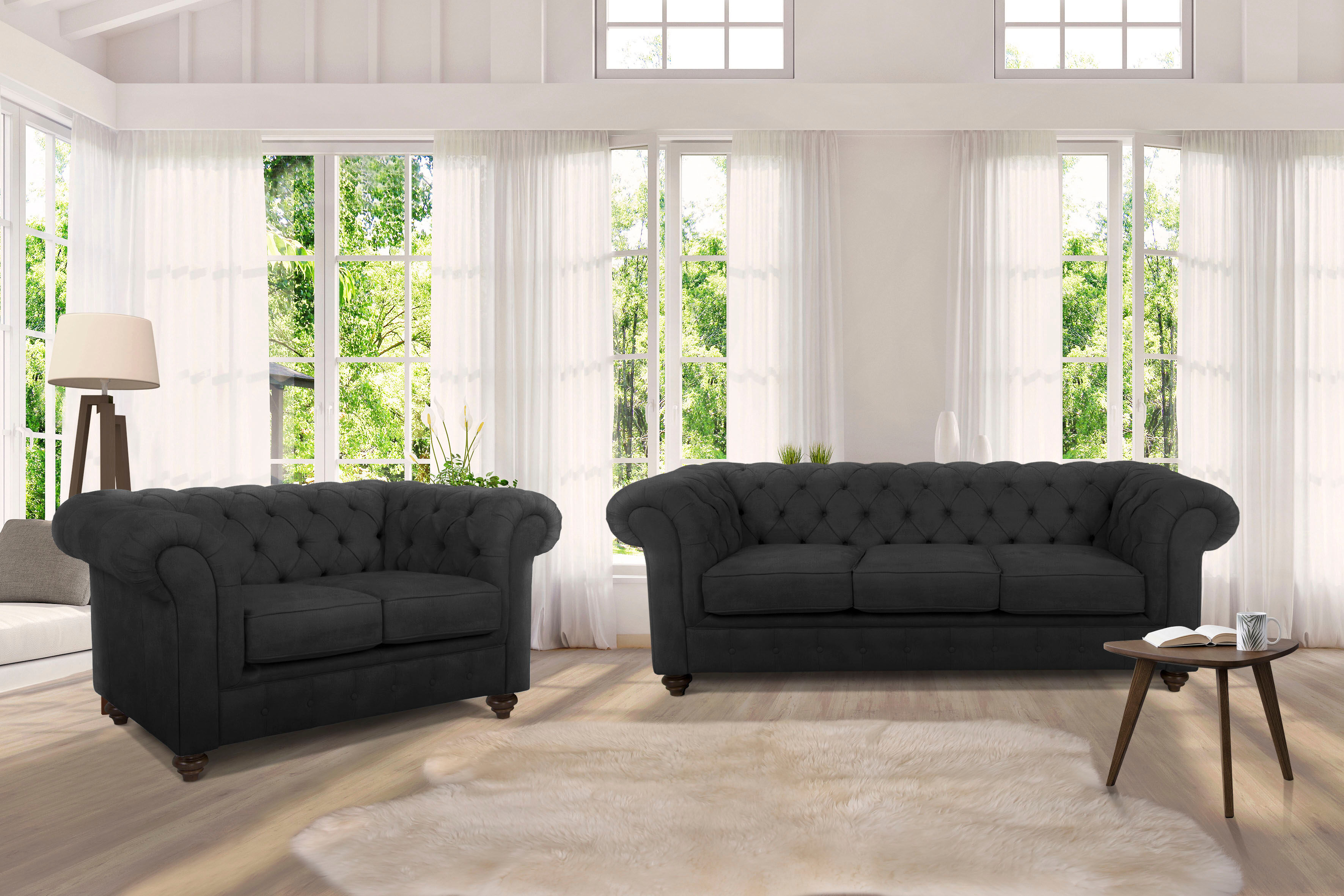 Sitzgruppe HOME AFFAIRE "Duc", grau (anthrazit), Samtoptik, Sitzmöbel-Sets, Sitzgruppe, Bestehend aus 2-Sitzer und 3-Sitzer, Knopfheftung im Rücken anthrazit Samtoptik