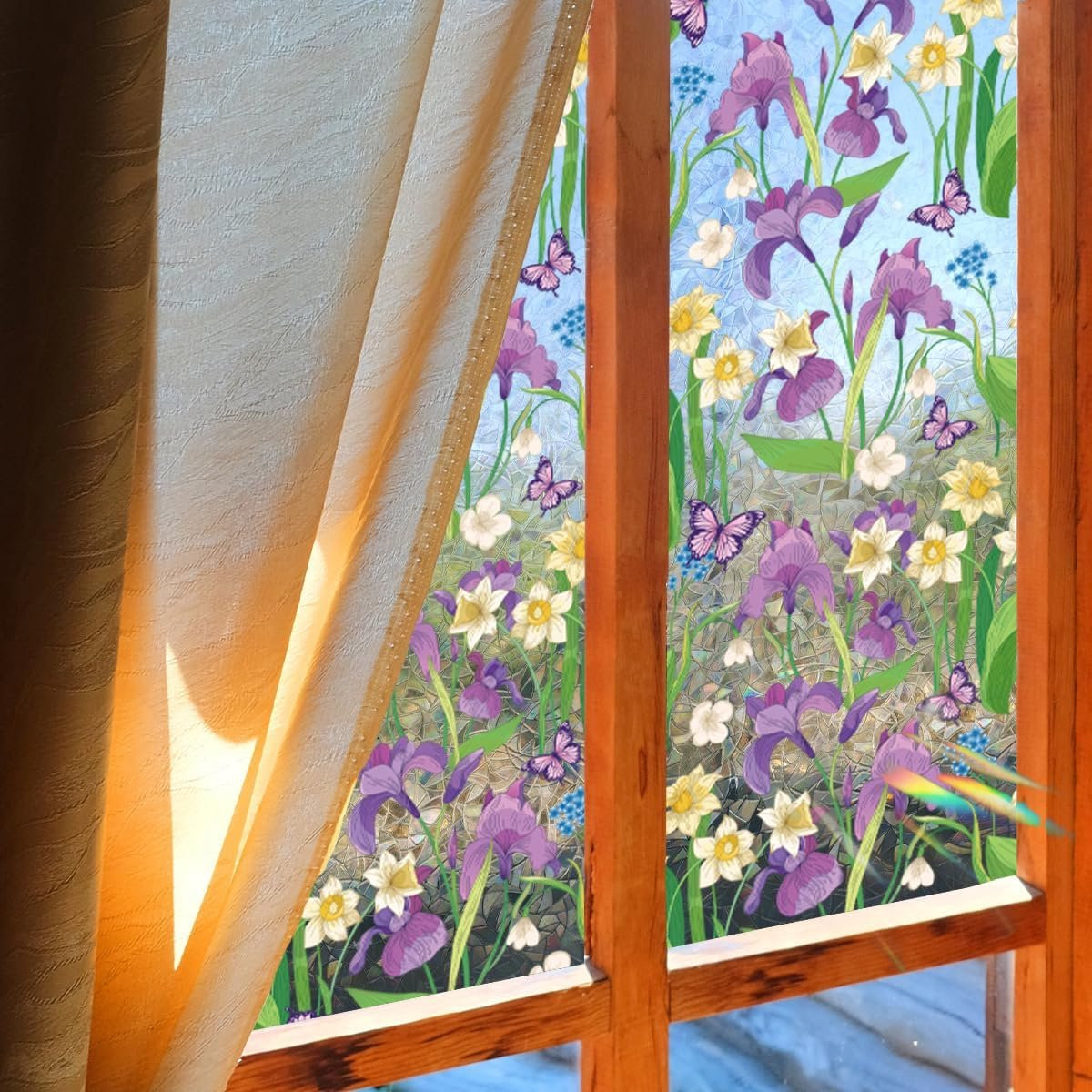 Paarse Raamfolie Bloem Decoratie Sticker voor Privacy zonder Lijm - 40 x 101,5 cm