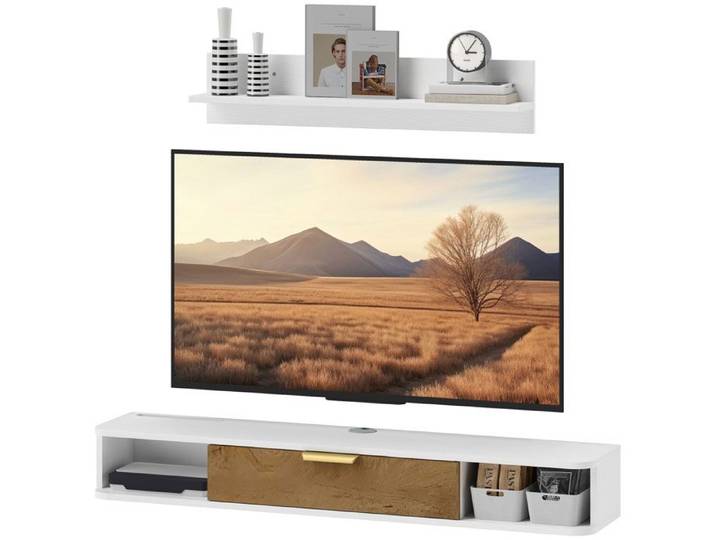 LIA Ensemble meuble TV suspendu avec étagère murale meuble télé bois mural passe-câbles 120 x 24 x 16 cm blanc