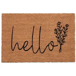 Relaxdays Fußmatte Kokos, Hello-Schriftzug, 60x40 cm, Blumen-Motiv, innen & außen, rutschfeste Türmatte, natur/schwarz