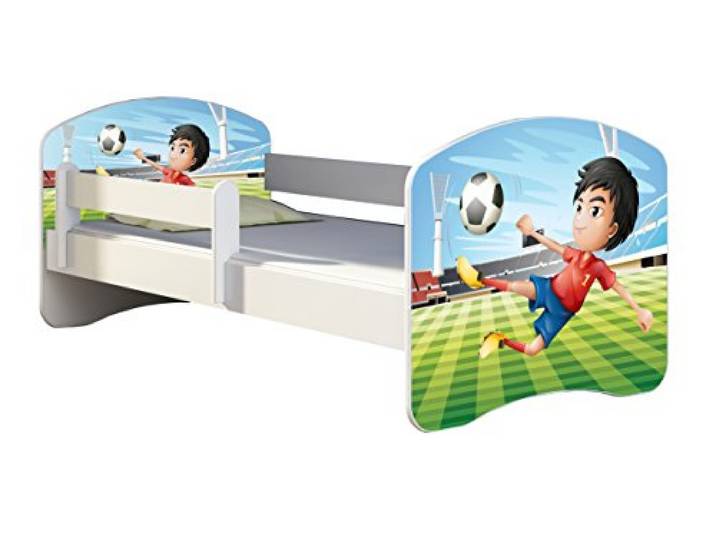 ACMA Kinderbett 180x80 Jugendbett mit Matratze, Rausfallschutz, Lattenrost Weiß, stabil, Kinderzimmer Bett, Jugendmöbel Design 13 Fußballer