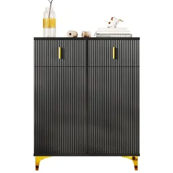 Elegantes Sideboard 83x35x101 mit strukturierten Paneelen, vergoldeten Verzierungen und Push-Open Mechanismus – Vielseitiger Stauraum in Schwarz