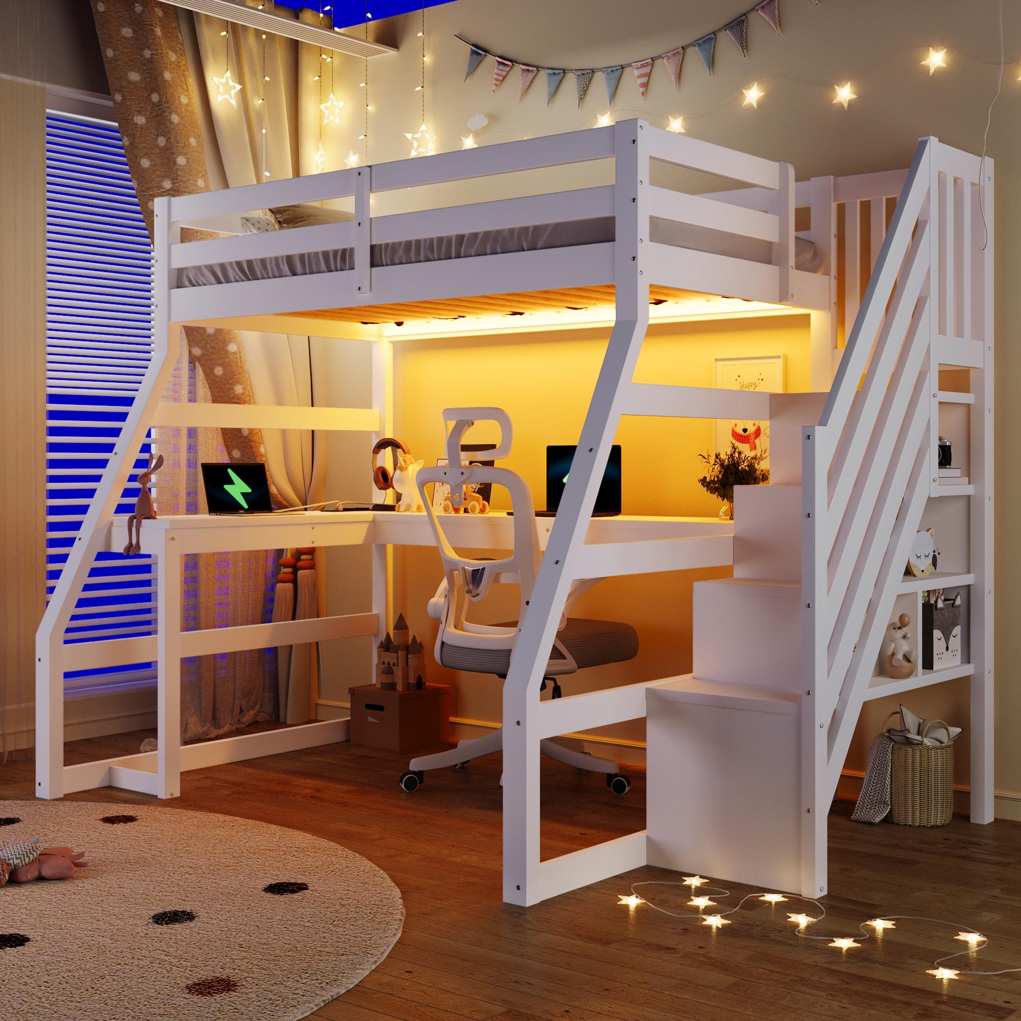 Holz-Hochbett 90x200, Schreibtisch, LED, USB, Treppe mit Stauraum (Weiß)