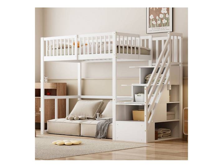Flieks Hochbett Massivholz Kinderbett Einzelbett 90x200cm mit Stauraumtreppe
