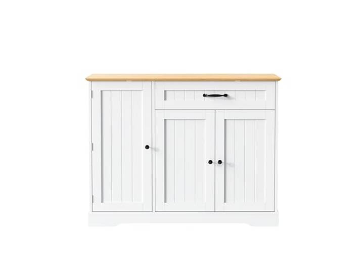 Ropilly Sideboard mit 3 Türen und 1 Schublade Weiß Natur MDF mit 40 kg Tragkraft auf der Platte, verstellbare Fächer und alltagstaugliche Aufteilung
