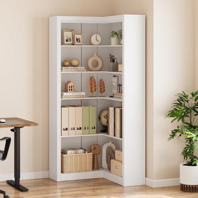 "Garvee 71.8"" Farmhouse Corner Bookcase, 5-Tier L-Shaped Wooden Bookshelf with Storage"