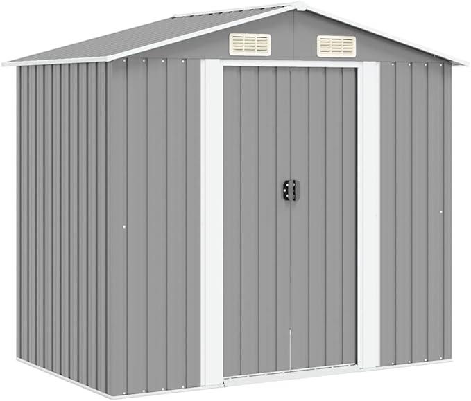 Metall Gartenschuppen 204x132x186 cm Grau mit 4 Entlüftungsöffnungen, verzinkter Stahl Geräteschuppen mit doppelten Schiebetüren und Stahl-Bodenrahmen für einfache Montage