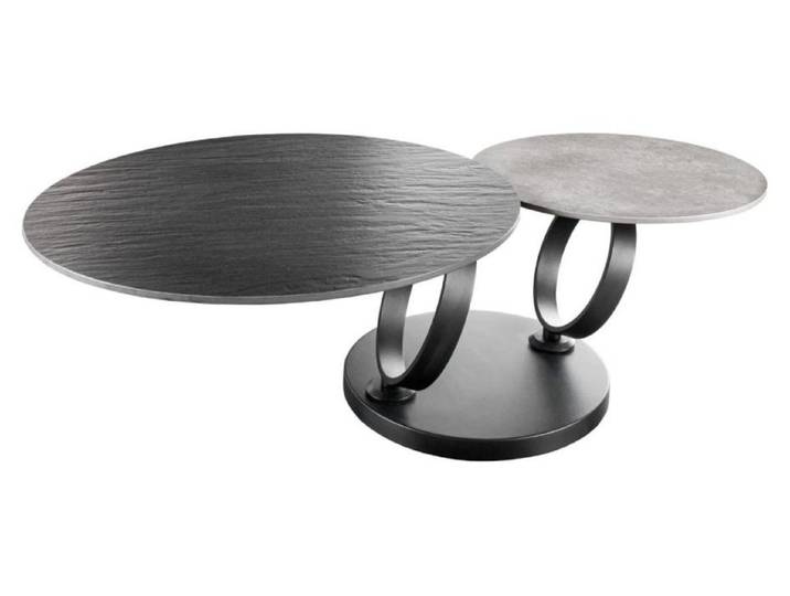 Table basse SOLYNE design 134 cm avec plateaux rotatifs noir texturé et gris effet pierre
