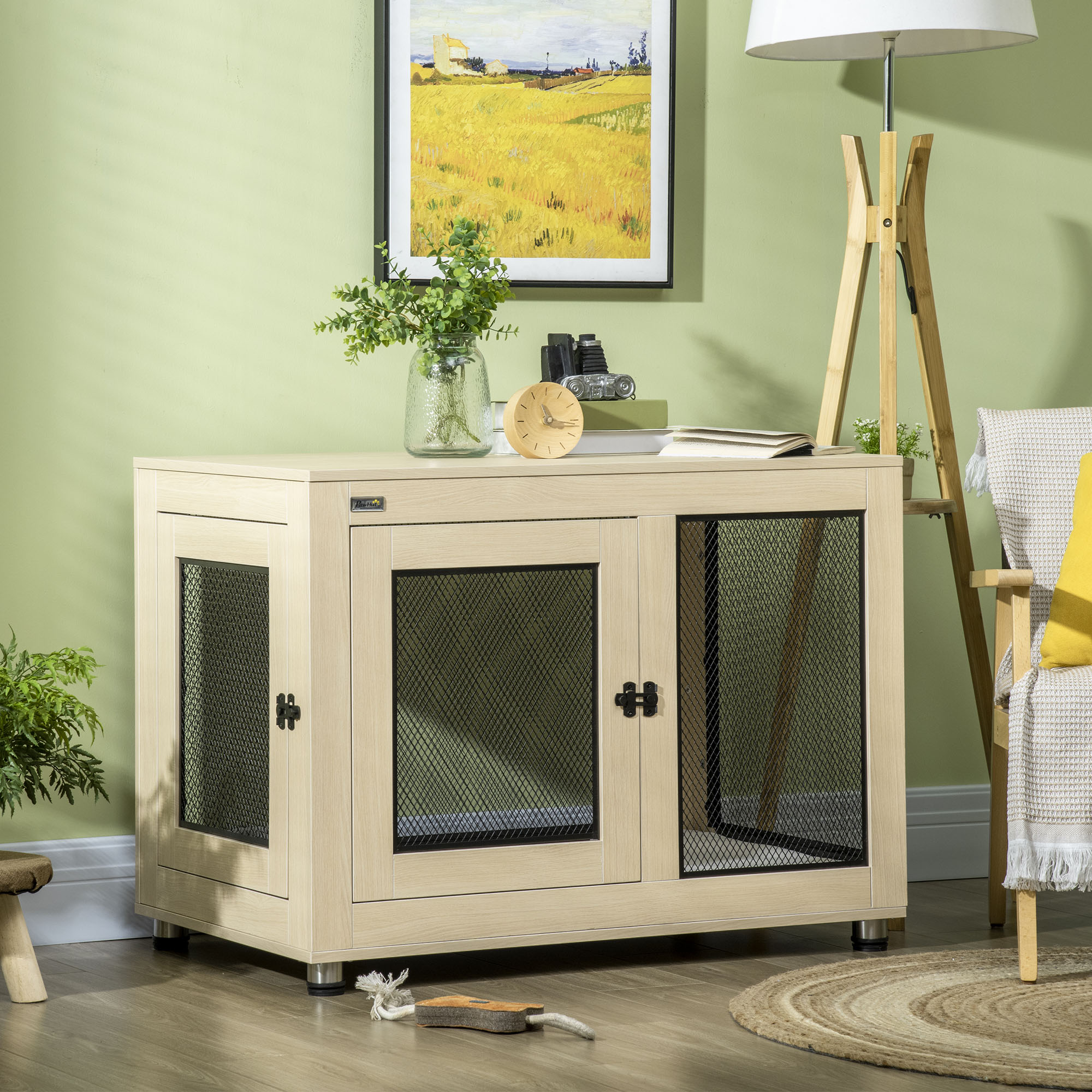 Pawhut Gabbia per Cani Gabbia, Design Moderno, bloccabile, 2 Porte, 94 cm x 60 cm x 71,5 cm, Rovere + Nero