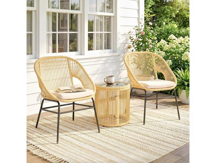 Outsunny Set Bistro 3pcs Rotin Acier Beige Table Ronde Verre 2 Chaises