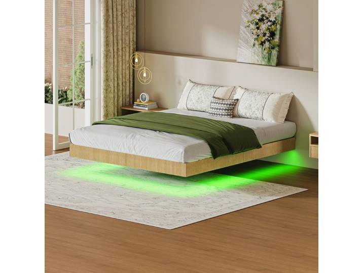 ROVRYN Lit flottant 180 x 200 cm LED RVB cadre en métal renforcé aspect chêne clair