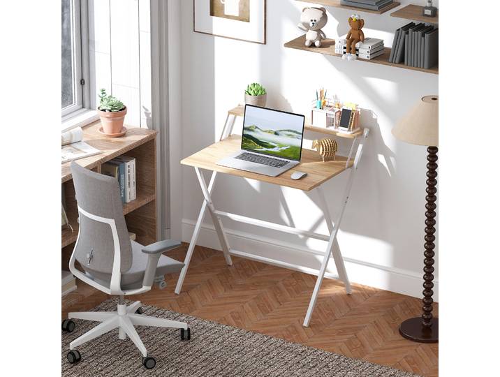 HOMCOM Bureau Pliable Bois Blanc avec Étagère Moniteur
