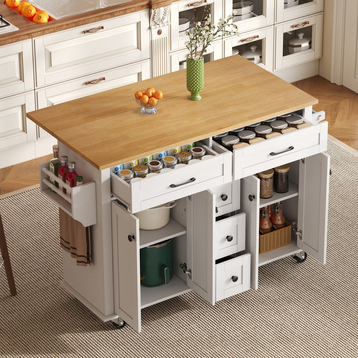Sweiko Keukentrolley met 5 laden en handdoekenrek, wit en naturel, B/D: 120 x 65 cm