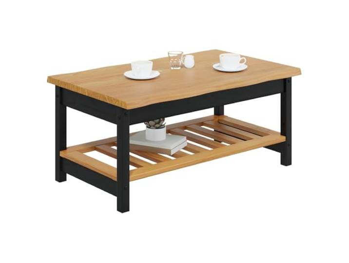 KTHLBRH Couchtisch Schwarz 100 x 60 x 45,5 cm Massives Kiefernholz, lebender Rand, rustikaler und moderner Stil, mit Ablage, einfache Montage