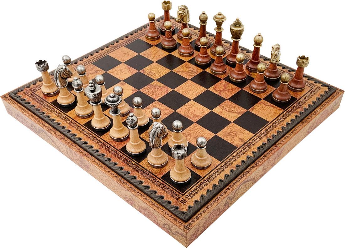 Italienische Schachfiguren Classic Metall/Wood + Schachbrett Globe Karten 35