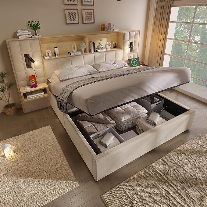 Doppelbett Polsterbett 160x200 mit Stauraum, Beige - Stauraumbett aus Leinen, LED Leselampen & USB-C, 2 schwebende Nachttische, Hydraulik-System, inkl. Lattenrost, ohne Matratze