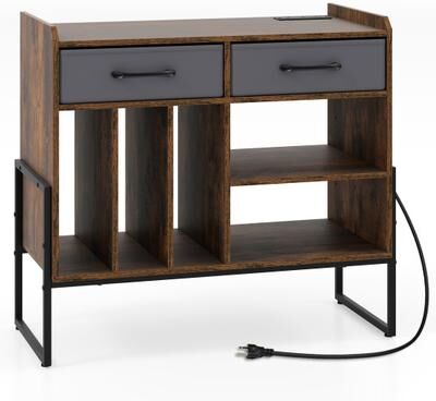 Costway Large Record Player Stand with Charging Station Mid Century Modern Vinyl Storage Cabinet-Rustic Brown