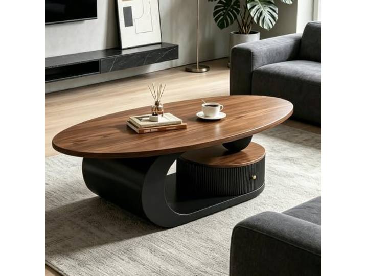 EBOYNSowAprr Luxuriöser gebogener Walnuss Couchtisch Designer Halbmondförmiger Teetisch im Mid-Century Modern Stil mit Geräumigem Stauraum(Black,39.4in)