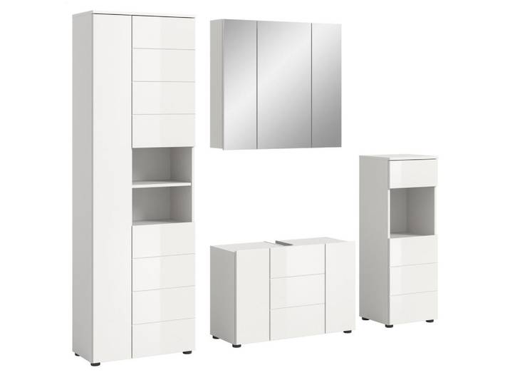 Inn.Furn Badzimmer-Set 4-teilig weiß Hochglanz 210 x 190 cm, Badmöbel mit viel Stauraum, Weiß Hochglanz, Kunststoff, Nachbildung, Uni, 15 Fächer, Rechteckig, 210x190x34 cm, Badezimmer, Badmöbelsets & Badmöbelserien, Badmöbel-Sets