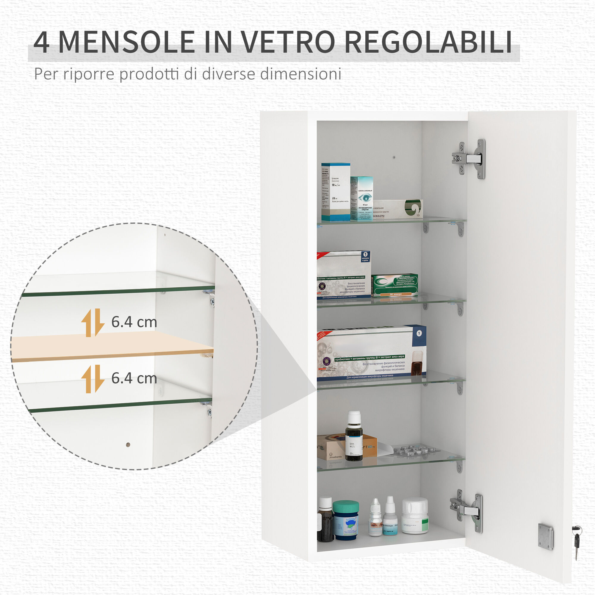 Altro Armadietto Medicinali A Muro Con Serratura, 5 Ripiani E Mensole Regolabili, In Legno E Vetro, Bianco, 30x20x70cm