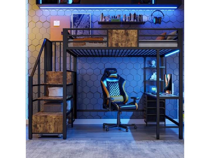 Bladez - Lit mezzanine 140 × 200 cm lit ado avec bureau étagères penderie et éclairage LED pour petite chambre - blanc