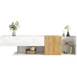 Moderne TV-Kommode 180x38x48 cm in Hochglanz Weiß und Holzoptik mit Glasregalen, stilvoller TV-Schrank mit Stauraum für Wohnzimmer