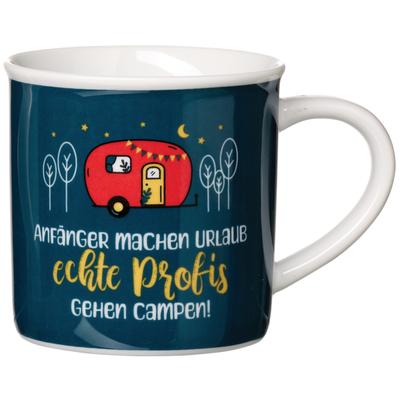Becher RITZENHOFF & BREKER "Camping", bunt, B:13cm H:9cm Ø:9cm, Porzellan, Trinkgefäße, Becher, "Anfänger machen Urlaub,..." - in Geschenkbanderole