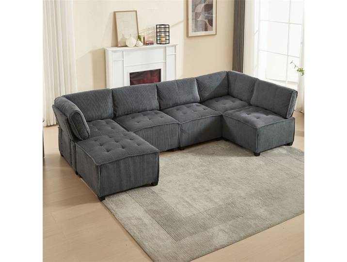 DRIPEX Canapé 6 places modulable en velours côtelé Canapé Confortable en forme de L/U Gris