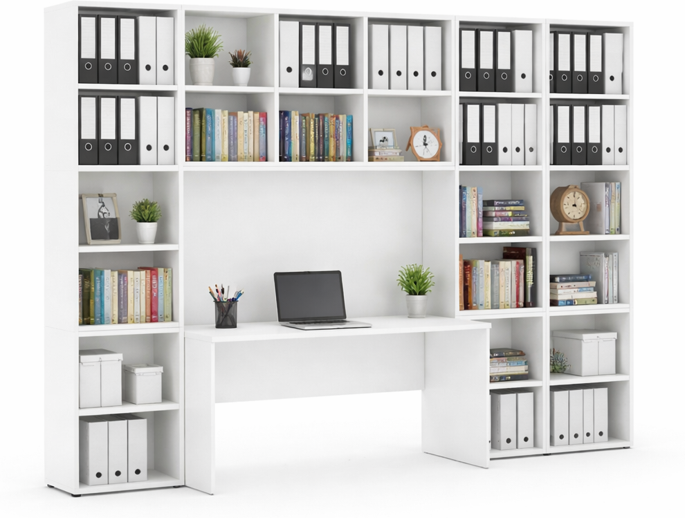 B2B Partner Bücherwand INTEGRO mit integriertem Tisch, höher/breiter, 3550 x 700/400 x 2300, weiß