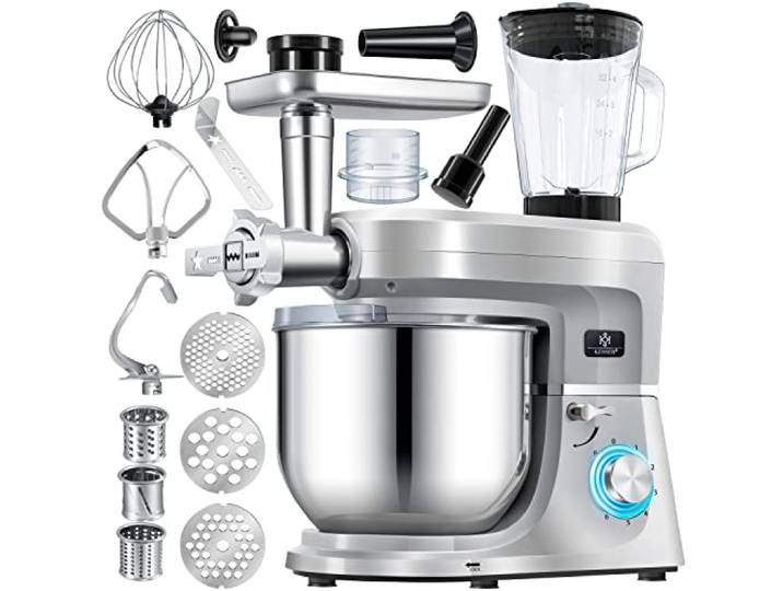 KESSER® Robot ménager universel 3 en 1 K-KM 3 000 avec hachoir à viande\, pétrin Mélangeur multifonction Extracteur de jus de 1\,5 L\, Kit pour saucisses\, moules pour pâtes et biscuits\, argent
