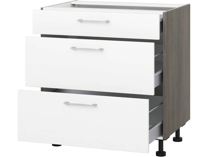 Auszugsunterschrank KOCHSTATION KS-Trea U2AS80 , weiß (weiß, eichefarben grau), B:80cm H:75cm T:56cm, Schränke, mit drei Auszügen, Breite 80 cm, Höhe 75 cm