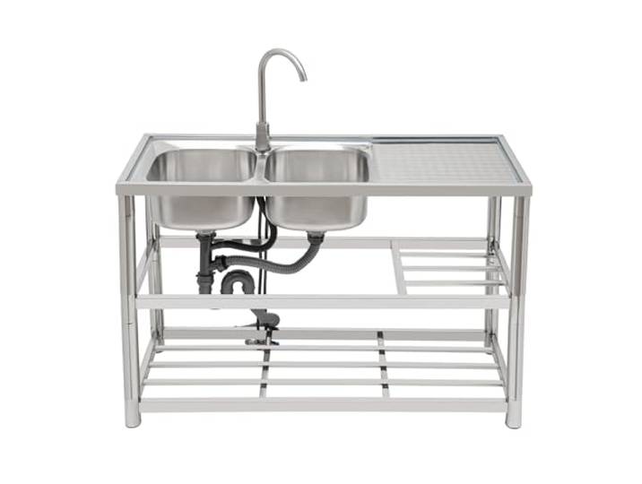 120x80cm 2 Becken Doppelbecken Küchenspüle Freistehend Edelstahl Gastro Multifunktionswaschtisch Spüle Freistehende Waschbecken für Außen Innen Restaurant