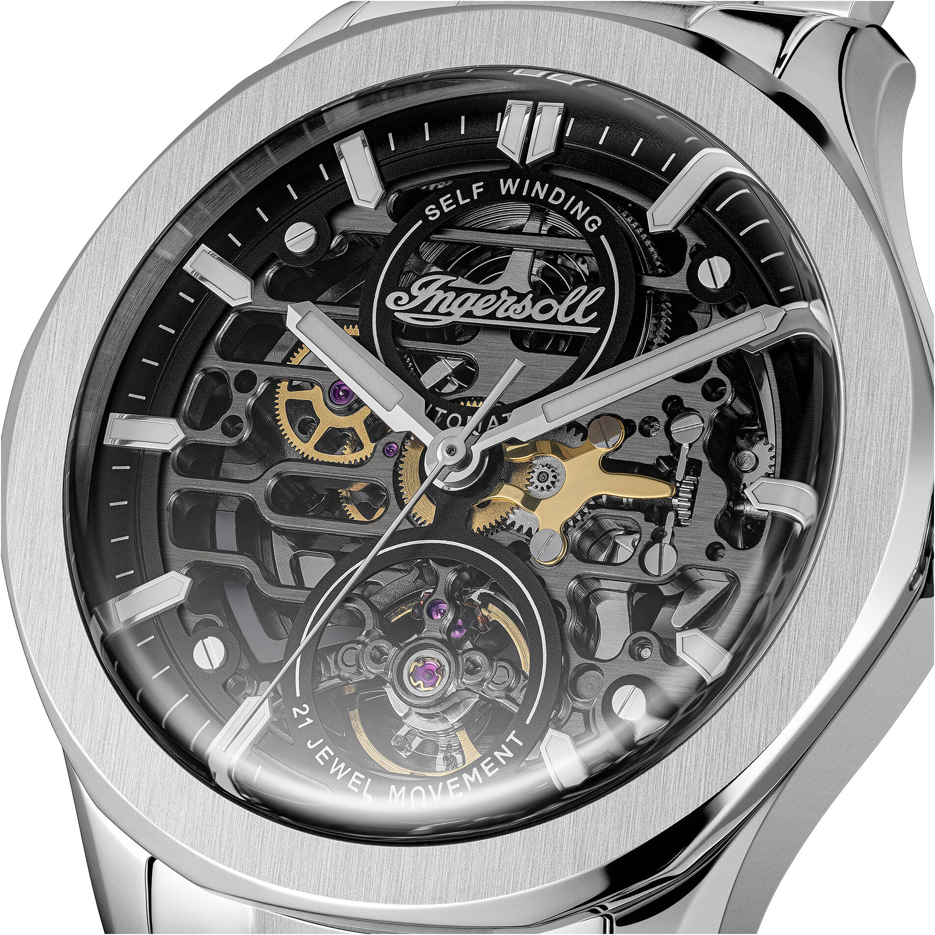 Automatikuhr INGERSOLL "The Bronc", silberfarben, schwarz, Armbanduhren, Herren, silberfarben, Automatikuhr, Armbanduhr, Herrenuhr, Mechanische Uhr, Edelstahlarmband, analog